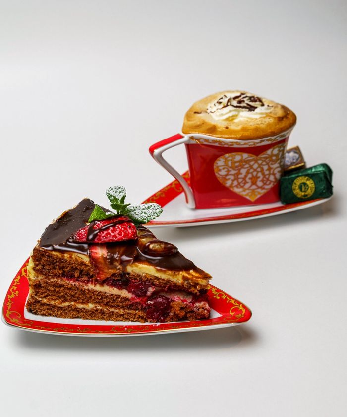 Chocolate cake with a coffee